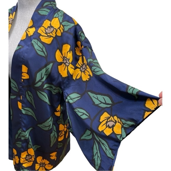 Forever 21 Cardigan Kimono Satin-like Lined Open Front Navy/Mustard Floral Sz: M - Picture 6 of 12